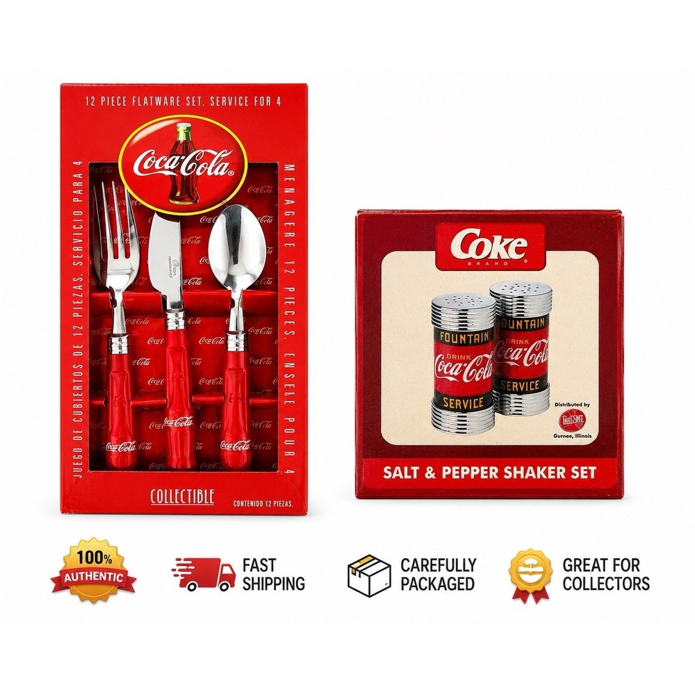 Coca-Cola Coke Collectible Flatware Set & Salt Pepper Shaker Set Bundle Vintage